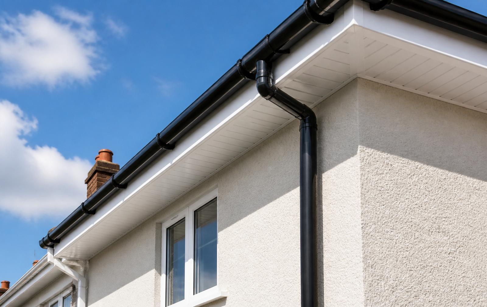 Freshly fitted white uPVC fascia and soffit with black half-round guttering and downpipe on a rendered English house.