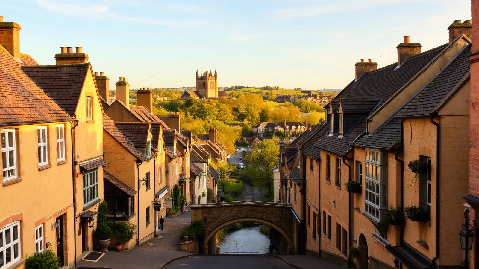 Burford's famous steep Cotswold high street sloping down towards the medieval bridge over the River Windrush.