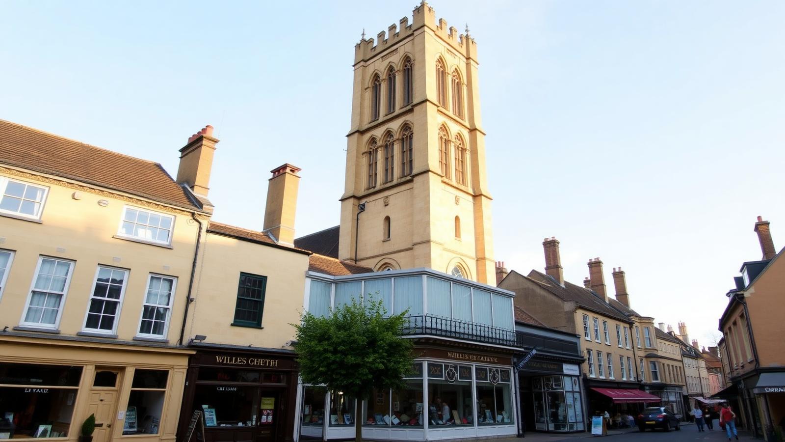 The soaring Perpendicular tower of St John the Baptist church rising above Cirencester Market Place in the Cotswolds.