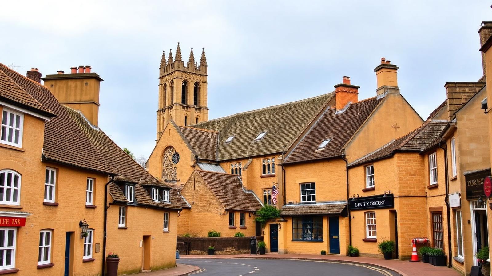 The Perpendicular tower of St Mary's church at Fairford in the Cotswolds, framed by honey-coloured Cotswold stone cottages.