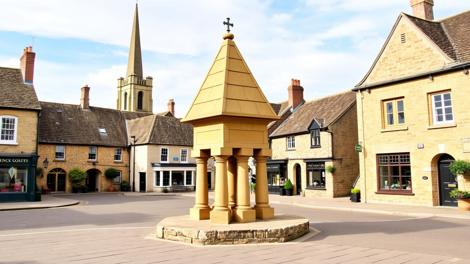 The Cotswold-stone Buttercross monument in Witney Market Square, Oxfordshire, with the spire of St Mary's church behind.